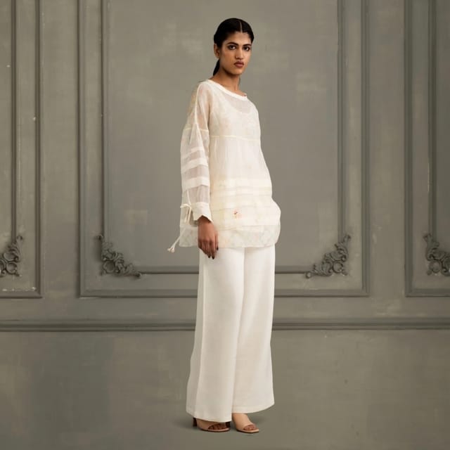 Ivory Embroidered Mul Chanderi Top & Linen Pants Set