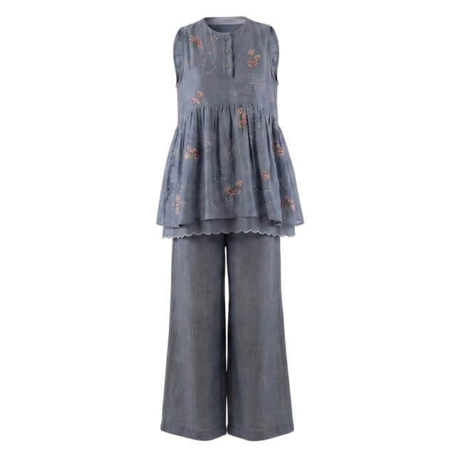 Stone Blue Embroidered Shirt & Flared Pants Set