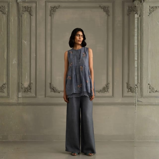 Stone Blue Embroidered Shirt & Flared Pants Set
