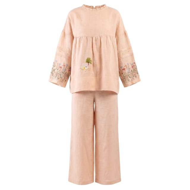 Embroidered Gauze Linen Top & Flared Pants Set