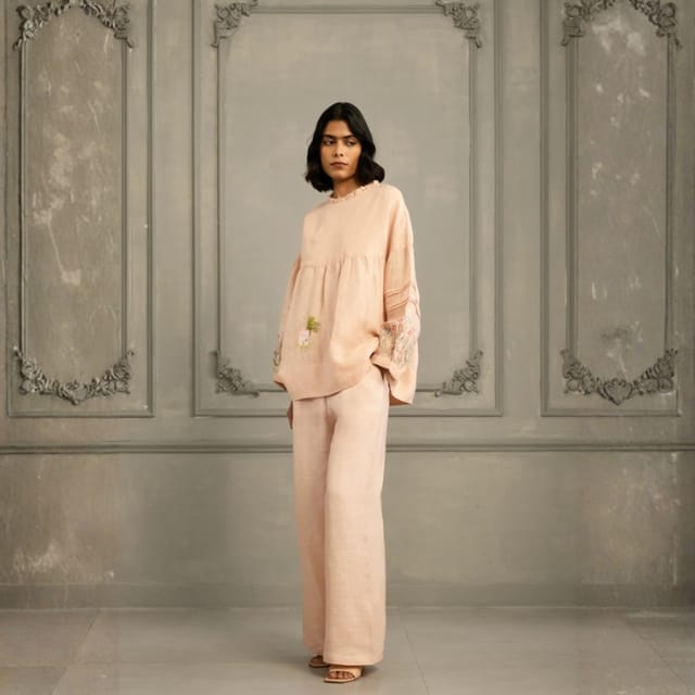 Embroidered Gauze Linen Top & Flared Pants Set