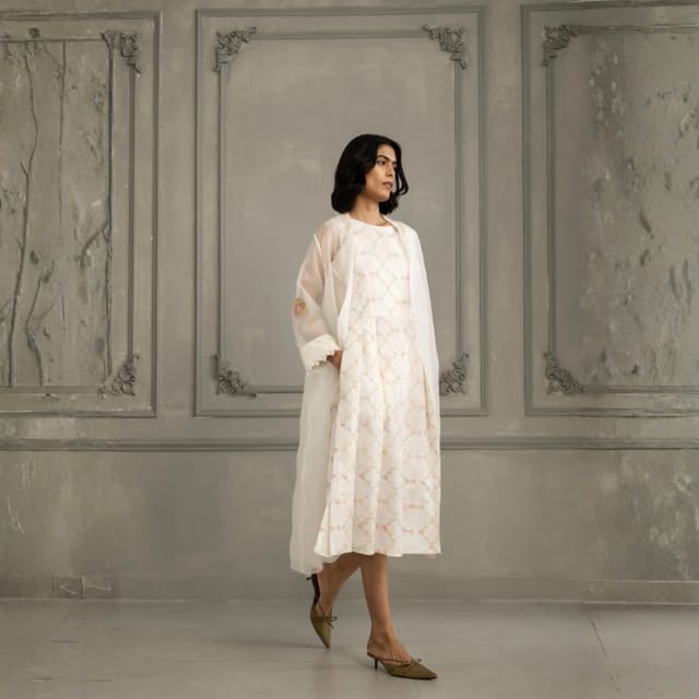 Ivory Appliqué Organza Jacket & Linen Dress Set