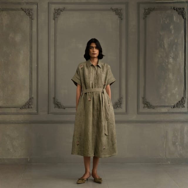 Embroidered Gauze Linen Belted Dress