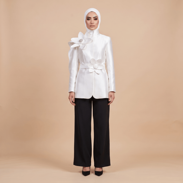 Taffeta Floral Sculptural Statement White Jacket