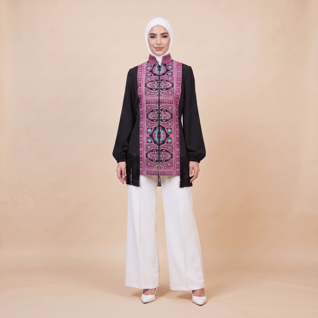Embroidered Geometric Pattern Fringe Jacket