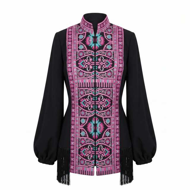 Embroidered Geometric Pattern Fringe Jacket