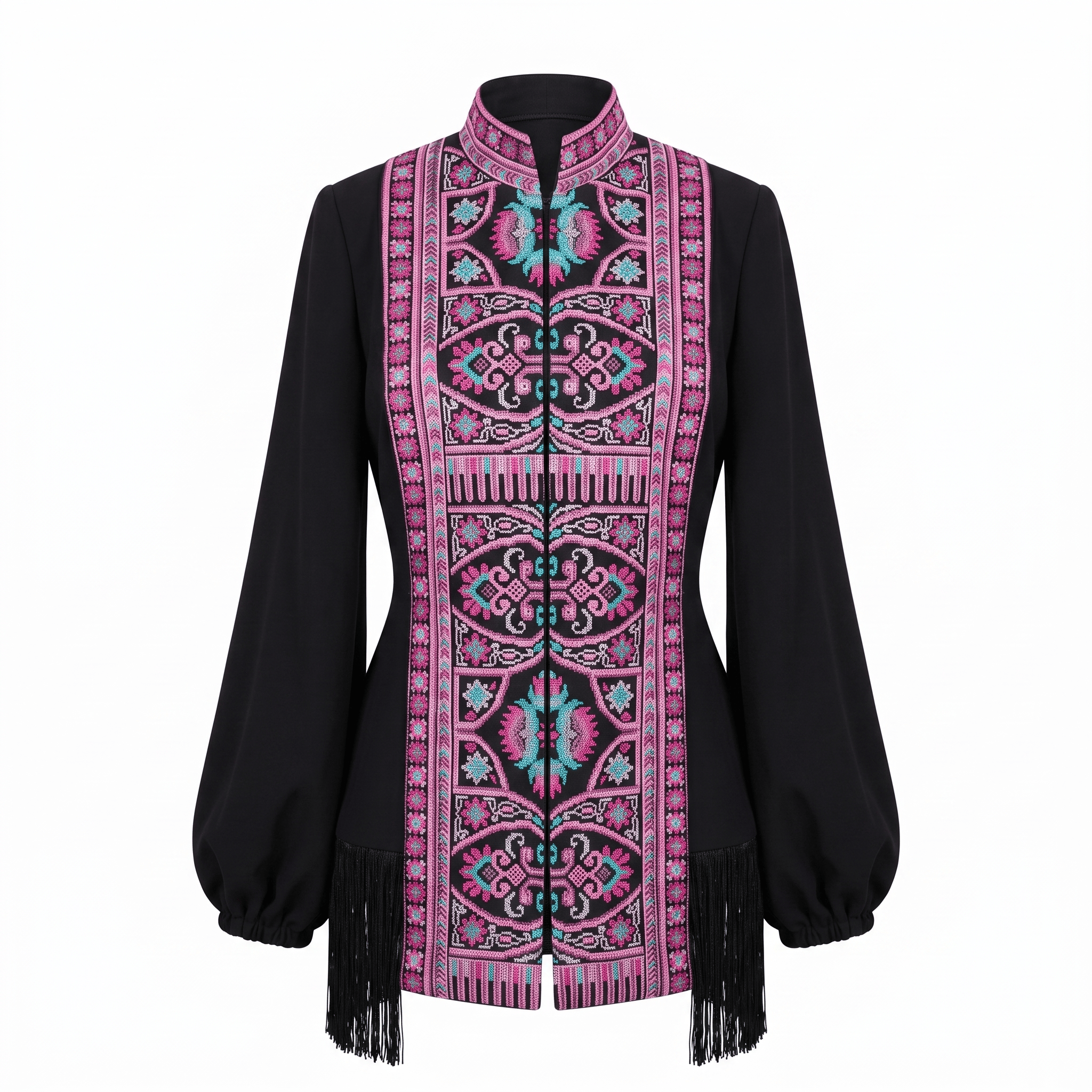 Embroidered Geometric Pattern Fringe Jacket