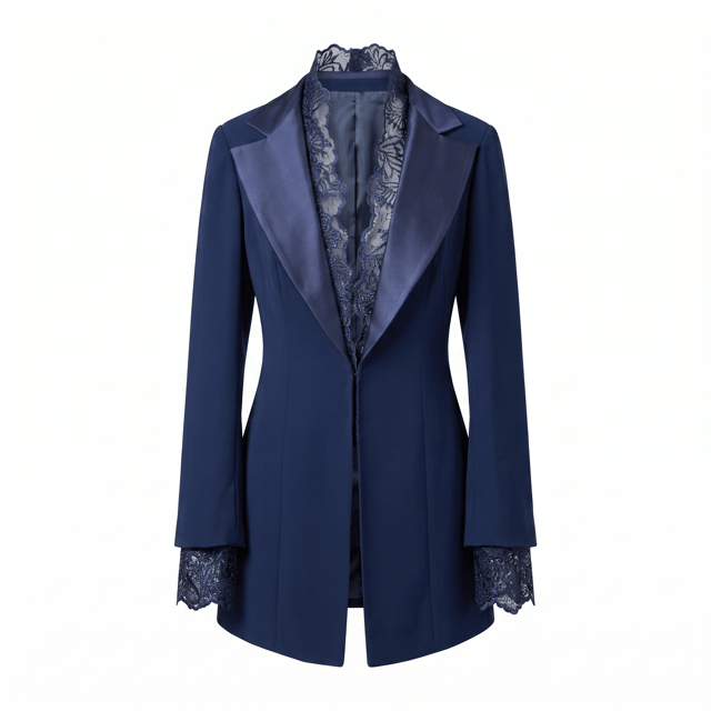 Satin and Lace Detailed Tuxedo Navy Blue Jacket