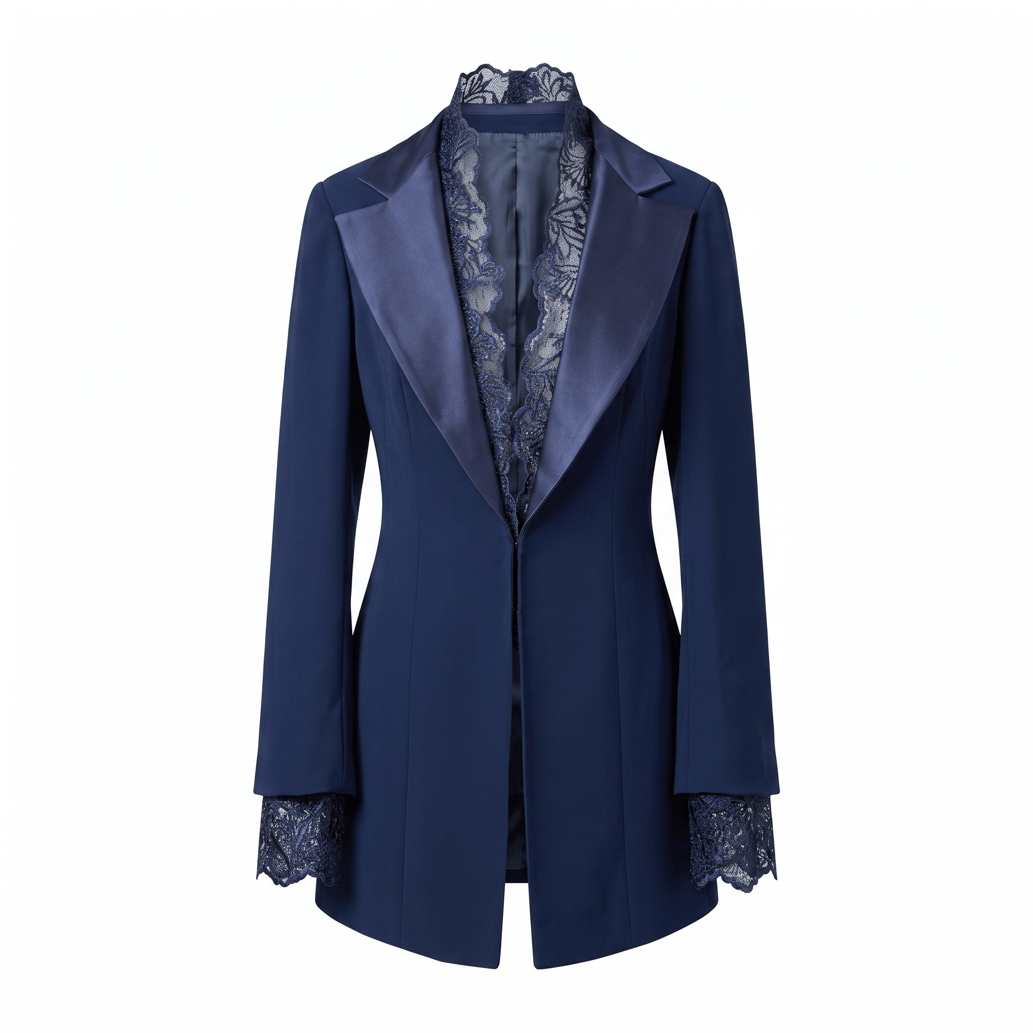 Satin and Lace Detailed Tuxedo Navy Blue Jacket