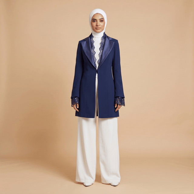 Satin and Lace Detailed Tuxedo Navy Blue Jacket