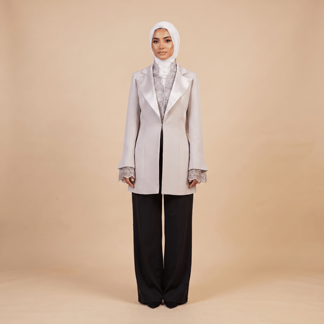 Satin and Lace Detailed Tuxedo Grey Jacket