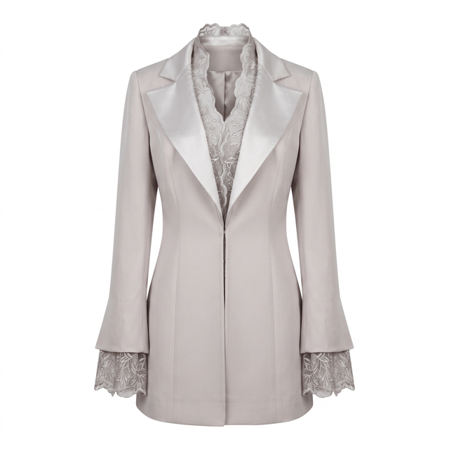 Satin and Lace Detailed Tuxedo Grey Jacket