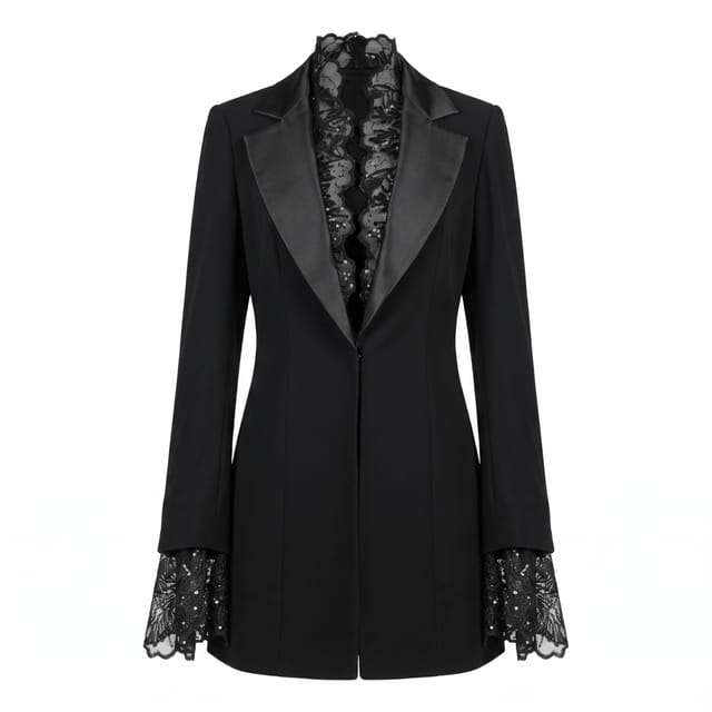 Satin and Lace Detailed Tuxedo Black Jacket