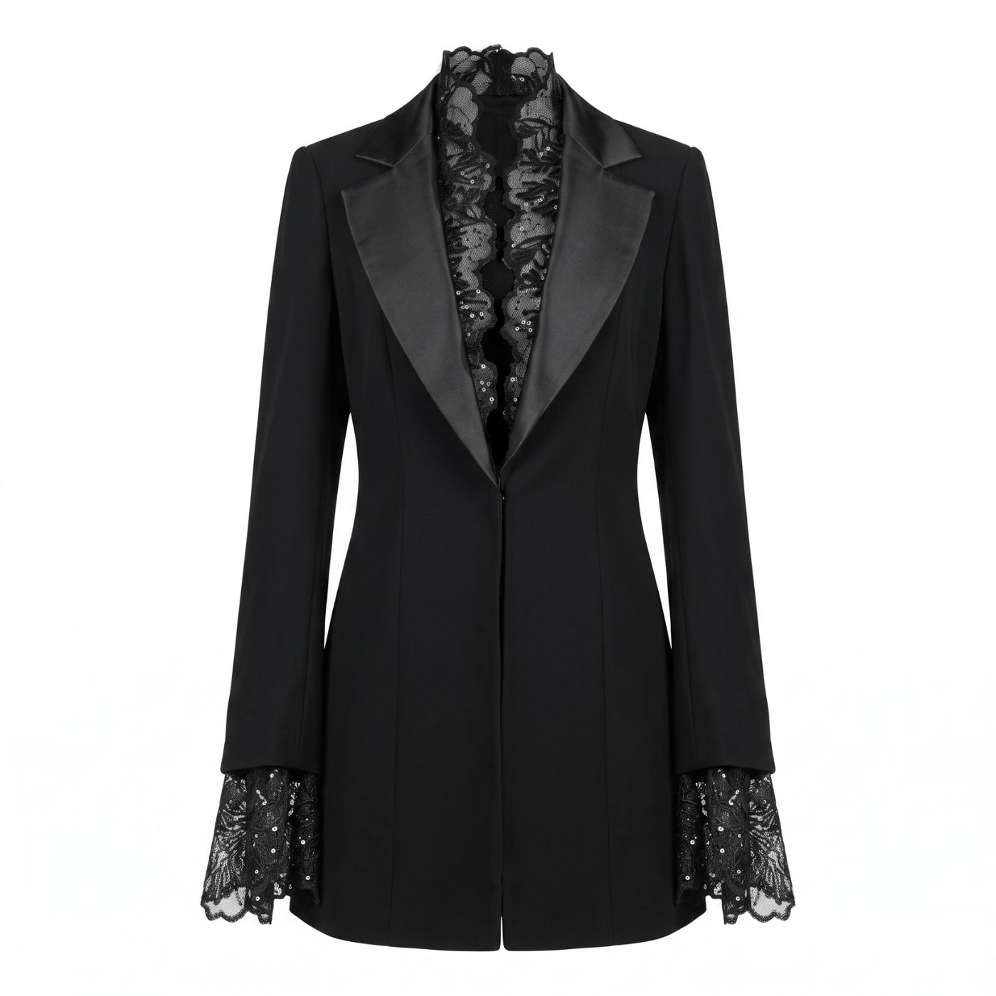 Satin and Lace Detailed Tuxedo Black Jacket
