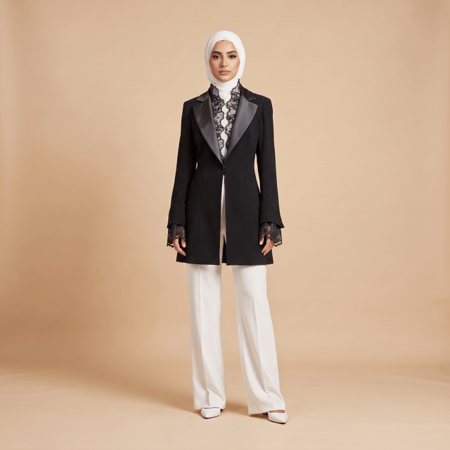 Satin and Lace Detailed Tuxedo Black Jacket