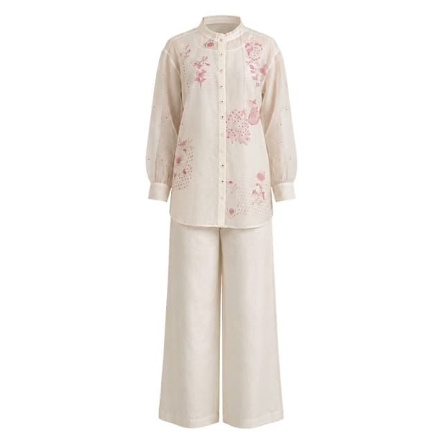 Ivory Embroidered Shirt & Linen Pants Set