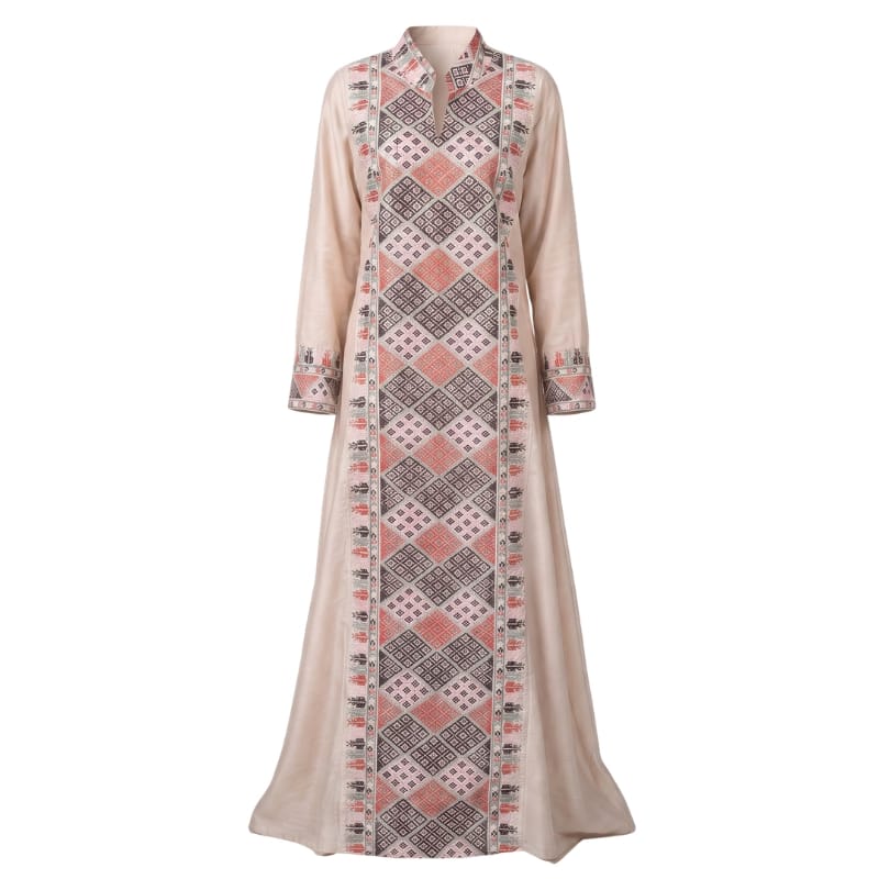 Split Neck Embroidered Linen Jalabiya
